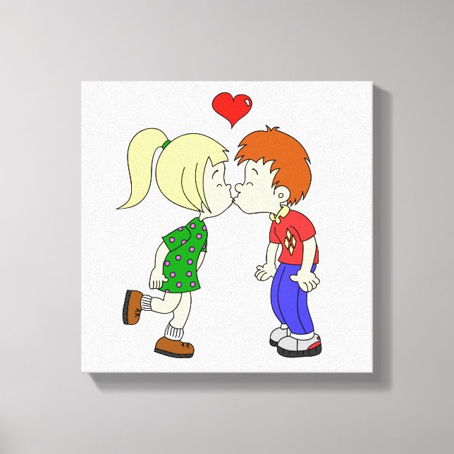 Cute boy girl kiss cartoon kids canvas print (Front)