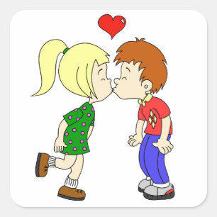 Cute boy girl kiss cartoon kids square sticker