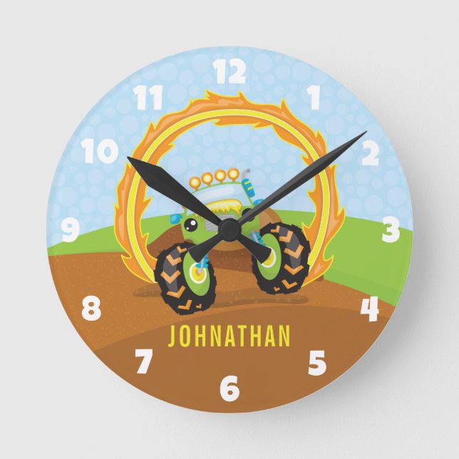 Cute Boy Green Monster Truck Personalised Round Clock (Front)