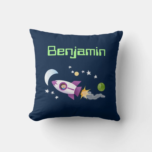 Cute boy in rocket ship cartoon illustration cushion (Front)