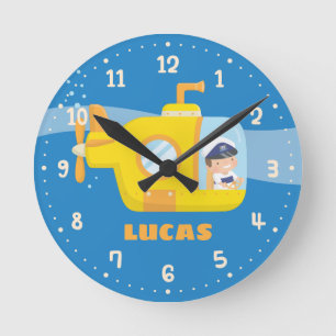 Cute Boy in Submarine Kids Name Room Wall Clock