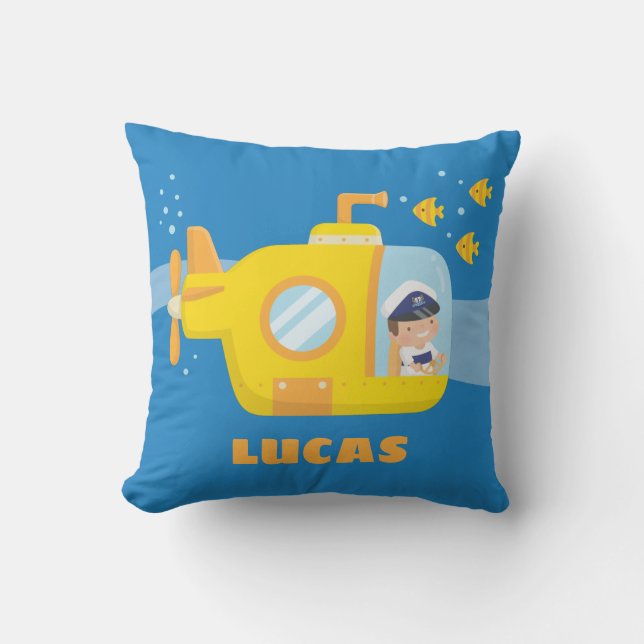 Cute Boy in Submarine Kids Room Decor Throw Pillow (Front)