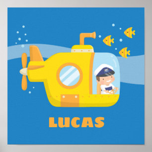 Cute Boy in Submarine Kids Room Wall Decor Poster
