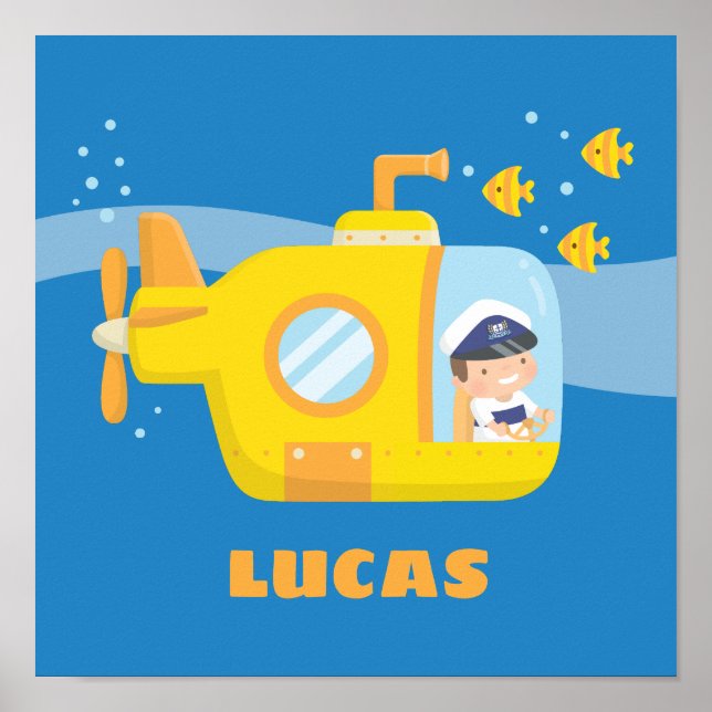 Cute Boy in Submarine Kids Room Wall Decor Poster (Front)