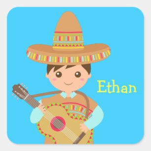 Cute boy Mexican Sombrero Hat Guitar Fiesta Square Sticker