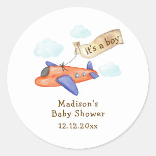 Cute Boy Minimal Aviator Airplane Baby Shower  Classic Round Sticker