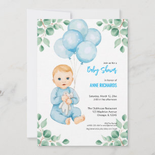 Cute boy modern eucalyptus blue balloons invitation