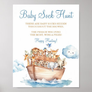 Cute Boy Noah's Ark Baby Shower Baby Sock Hunt Poster