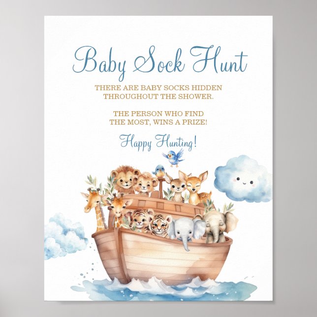 Cute Boy Noah's Ark Baby Shower Baby Sock Hunt Poster (Front)