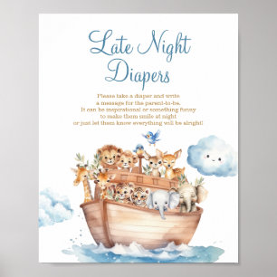 Cute Boy Noah's Ark Baby Shower Late Night Diapers Poster