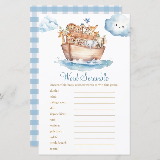 Cute Boy Noah's Ark Baby Shower Word Scramble Game (Front/Back)