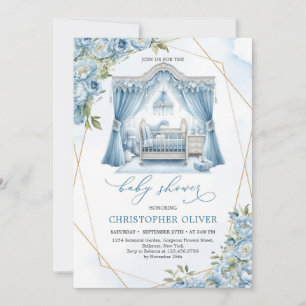 Cute boy nook with baby crib dusty blue flowers invitation