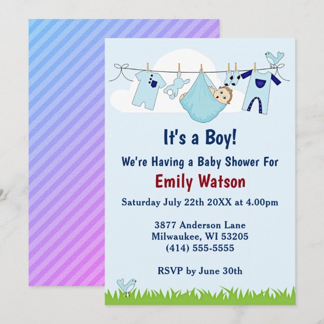 Cute Boy on Clothesline Boho Baby Shower Invitation (Front/Back)