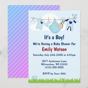 Cute Boy on Clothesline Boho Baby Shower Invitation
