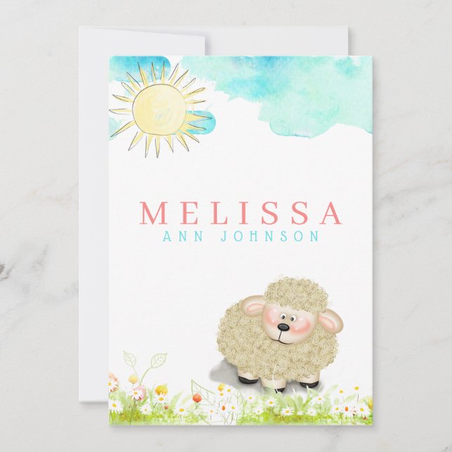 Cute boy or girl lamb pastel sun baby announcement (Front)