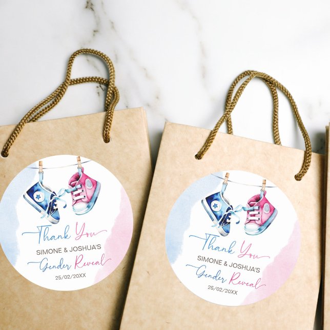 Cute boy or girl pink blue gender reveal favour classic round sticker (Cute boy or girl pink blue gender reveal favor thank you stickers boy or girl party stickers)