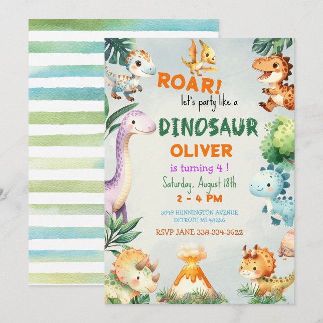 Cute Boy Party Like a Dinosaur Birthday Invitation (Front/Back)