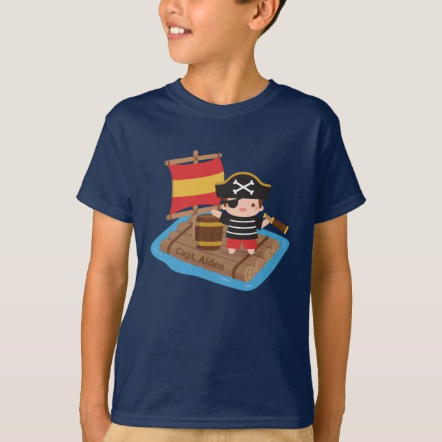 Cute Boy Pirate Adventure Raft Kids Personalised T-Shirt (Front)