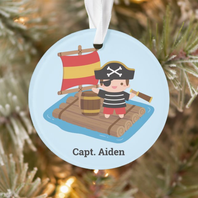 Cute Boy Pirate Captain Wood Raft Kids Name Ornament (Tree)
