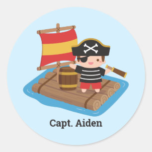 Cute Boy Pirate On Raft Kids Personalised Classic Round Sticker