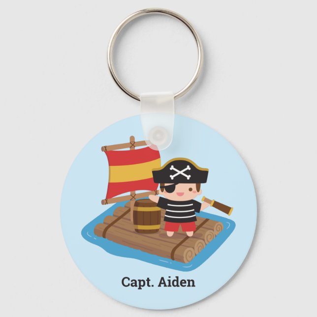 Cute Boy Pirate on Wooden Raft Kids Key Ring (Front)