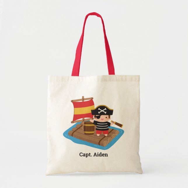 Cute Boy Pirate Sailing Raft Kids Personalised Tote Bag (Front)