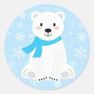 Cute Boy Polar Bear Winter Snowflake Blue Classic Round Sticker