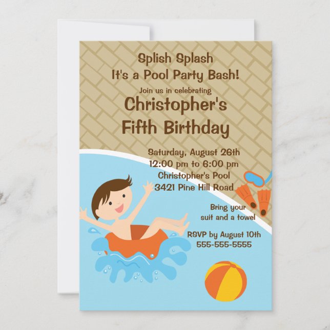 CUTE Boy Pool Party Birthday Invitation (Front)