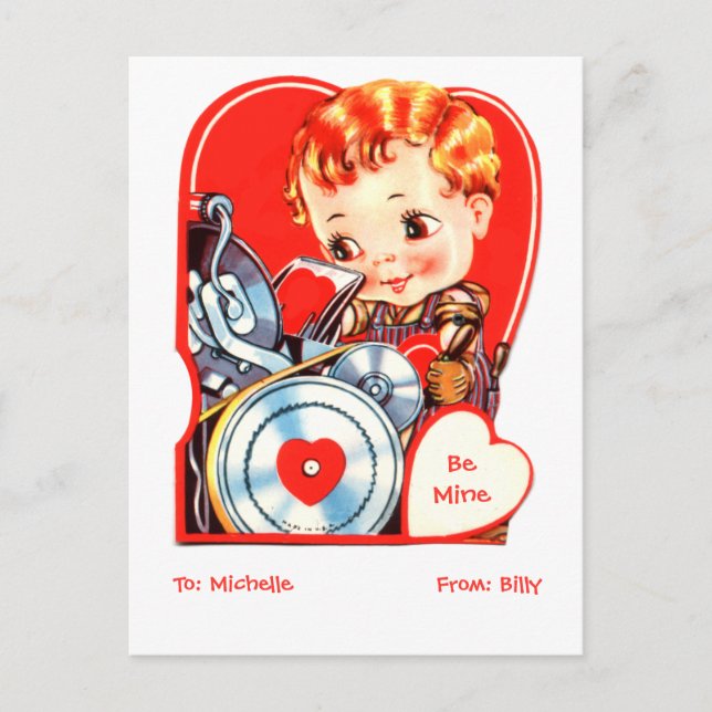 Cute boy printing on a letterpress valentine holid holiday postcard (Front)