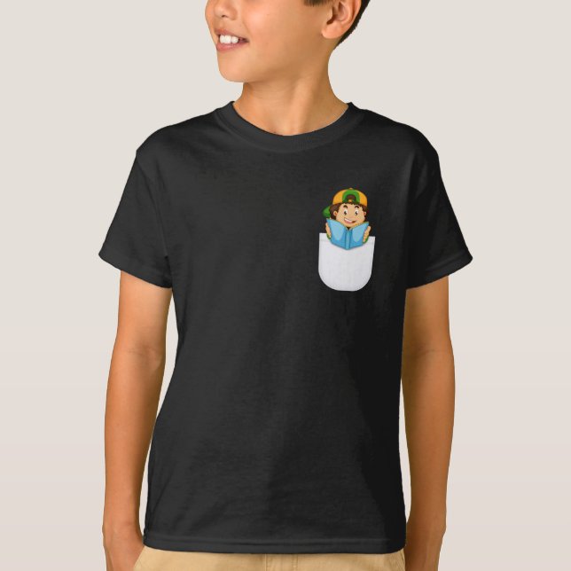 Cute Boy Reading I Vector Pocket Design T-Shirt (Front)