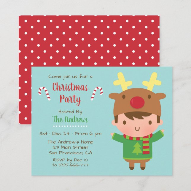 Cute Boy Reindeer Hat Christmas Party Invitations (Front/Back)