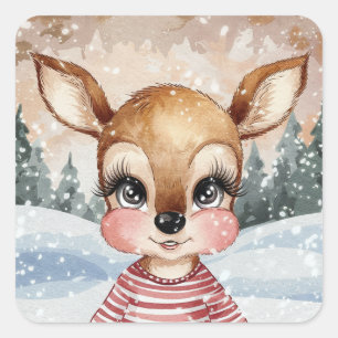 Cute Boy Reindeer with a Christmas Scene Square Sticker