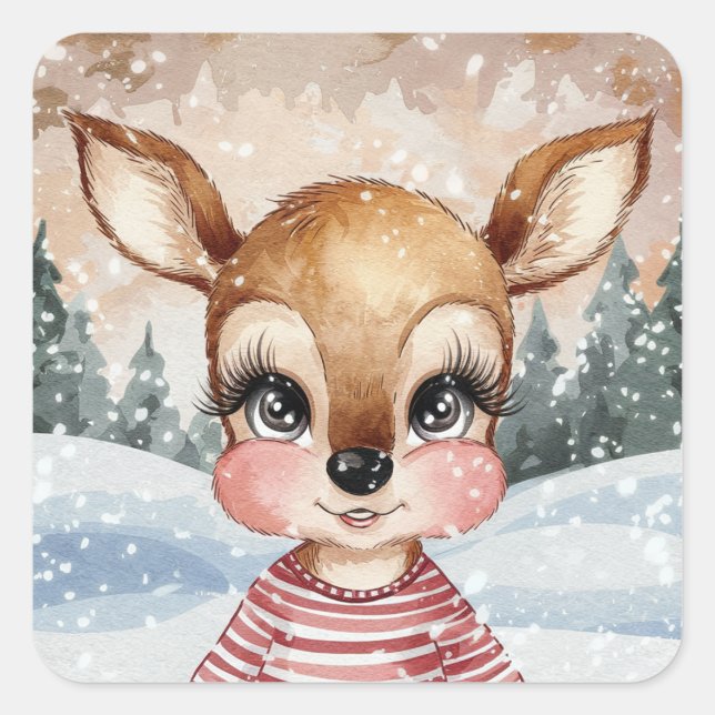 Cute Boy Reindeer with a Christmas Scene Square Sticker (Front)
