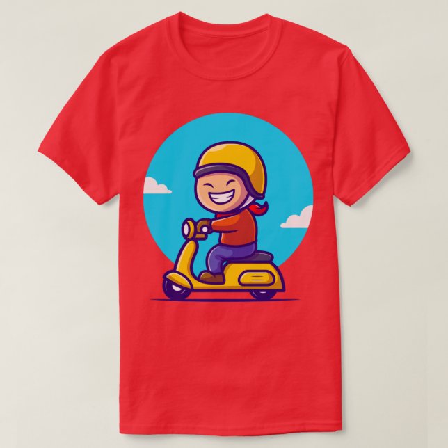 Cute Boy Riding Scooter Cartoon T-Shirt (Design Front)
