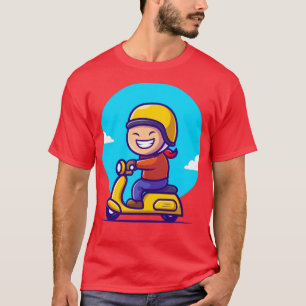 Cute Boy Riding Scooter Cartoon T-Shirt