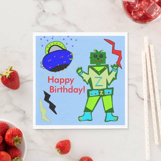 Cute Boy Robot Blue Spaceship Birthday Napkin (Insitu)
