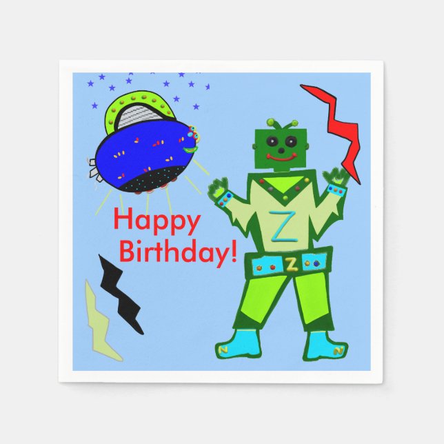 Cute Boy Robot Blue Spaceship Birthday Napkin (Front)
