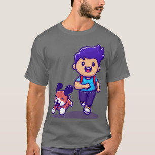 Cute Boy Running With Dog Cartoon T-Shirt