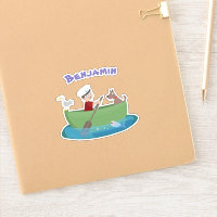 Cute boy sailor and dog rowing boat cartoon