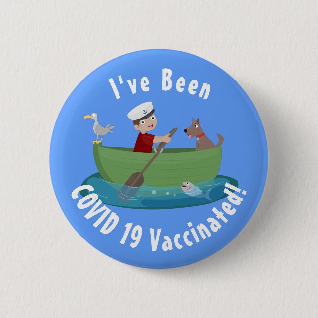 Cute boy sailor and dog rowing boat cartoon  6 cm round badge (Front)