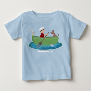 Cute boy sailor and dog rowing boat cartoon baby T-Shirt