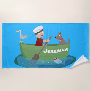 Cute boy sailor and dog rowing boat cartoon beach towel