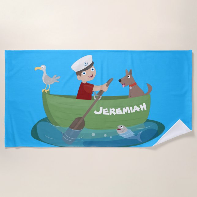 Cute boy sailor and dog rowing boat cartoon beach towel (Front)