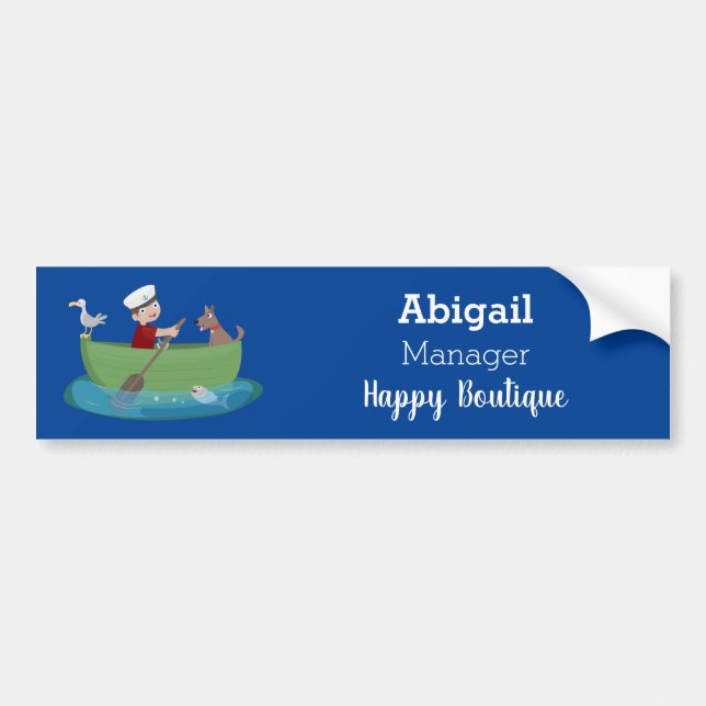 Cute boy sailor and dog rowing boat cartoon bumper sticker (Front)