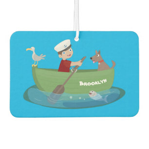 Cute boy sailor and dog rowing boat cartoon  car air freshener