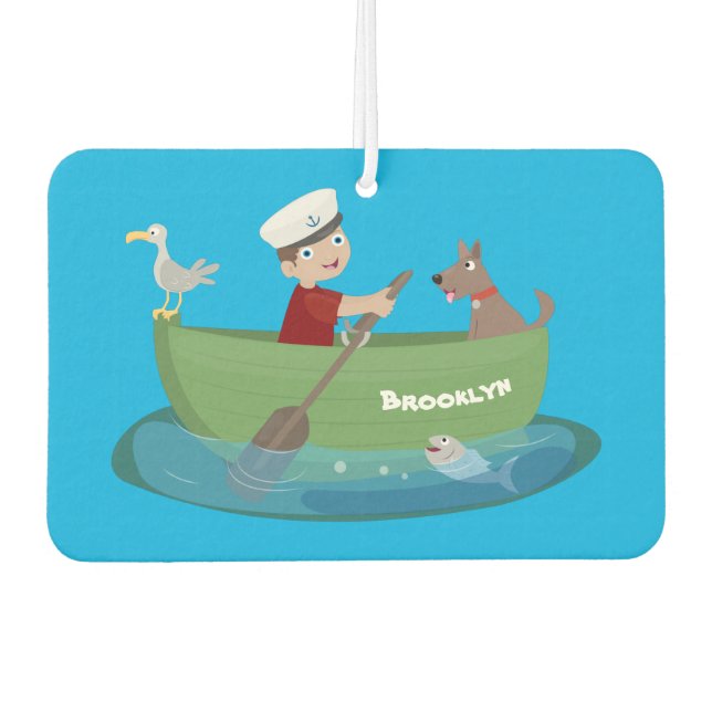 Cute boy sailor and dog rowing boat cartoon  car air freshener (Front)