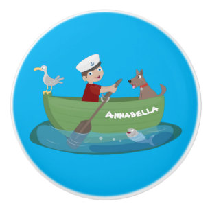 Cute boy sailor and dog rowing boat cartoon ceramic knob