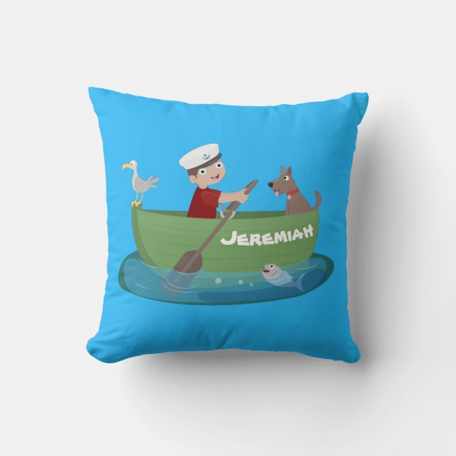 Cute boy sailor and dog rowing boat cartoon cushion (Front)
