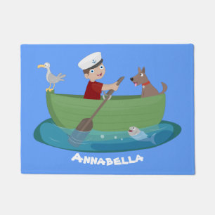 Cute boy sailor and dog rowing boat cartoon doormat