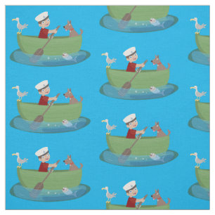 Cute boy sailor and dog rowing boat cartoon fabric